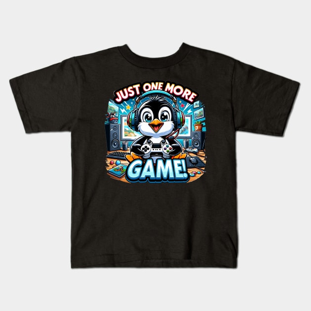 Epic Gaming Penguin: Just One More Game! Kids T-Shirt by WEARWORLD